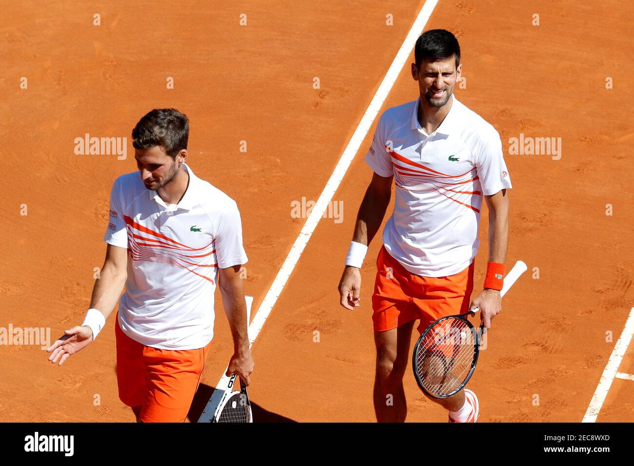 Tennis - ATP 1000 - Monte Carlo Masters - Monte-Carlo Country Club,  Roquebrune-Cap-Martin, France - April 15, 2019 Serbia's Novak Djokovic and  Marko Djokovic during their men's doubles match against Colombia's Robert