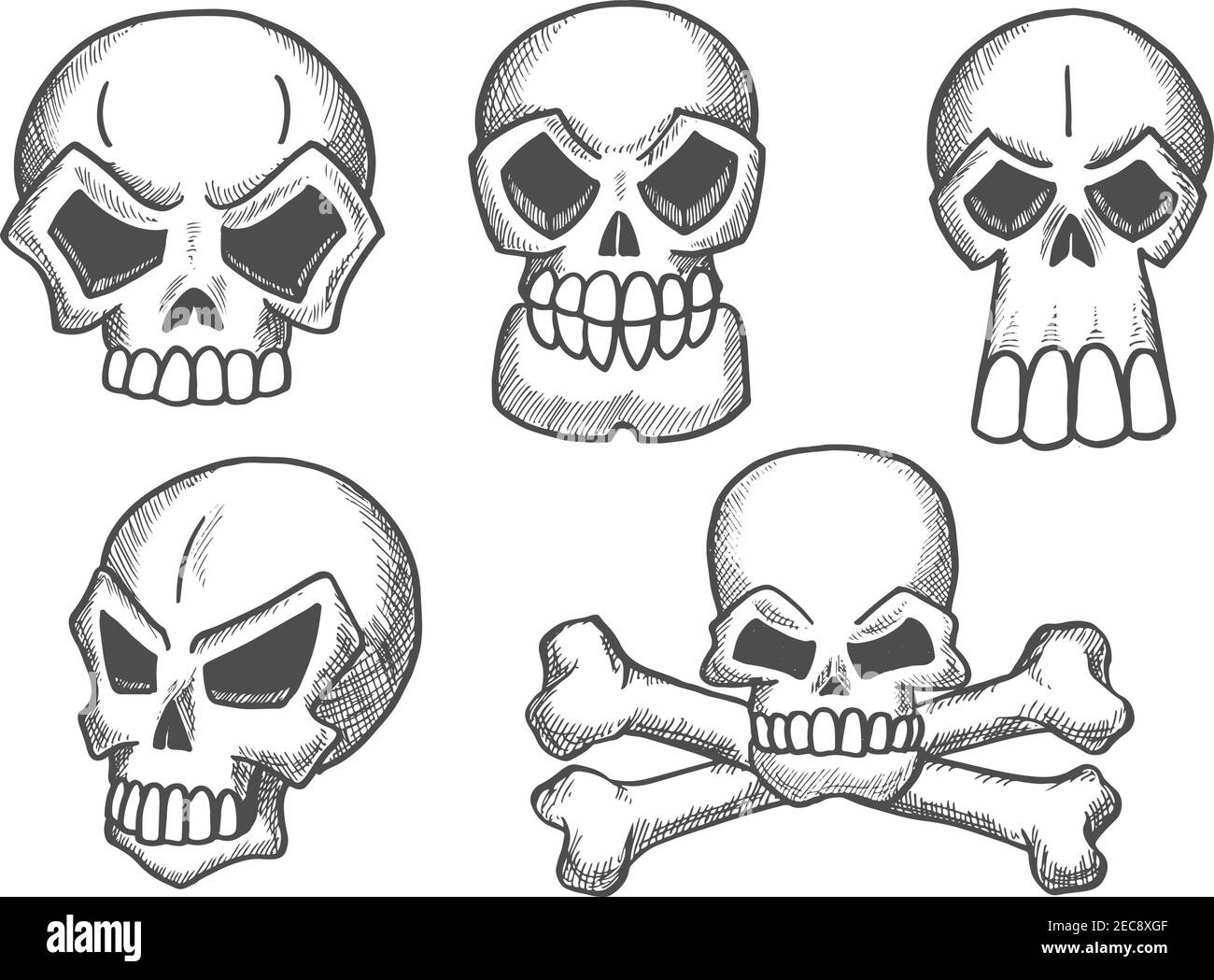Skulls sketch icons. Skeleton craniums crossbones for halloween decoration, cartoon, label, tattoo Stock Vector
