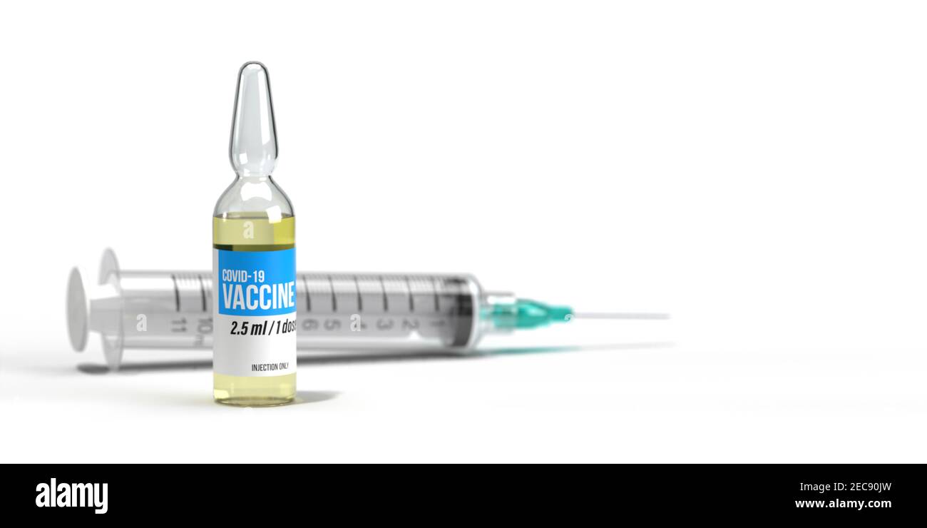 Coronavirus 2021 health concept: 3d rendered medical syringe and injection vial with Covid-19 vaccine on white background. Science and Pharma industry Stock Photo
