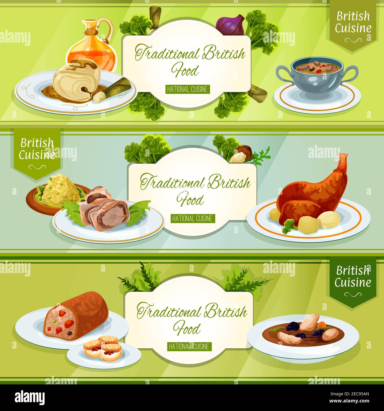 British cuisine national dishes banner with scottish chicken soup, smoked trout pate, rabbit with potato, beef wellington in pastry coat, cod in musta Stock Vector