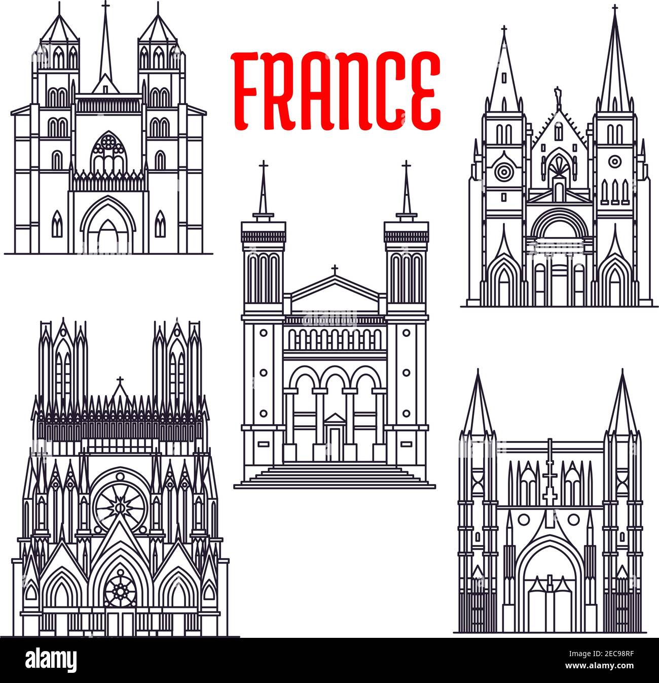 Historic architecture buildings of France. Thin line icons of St. Peter ...