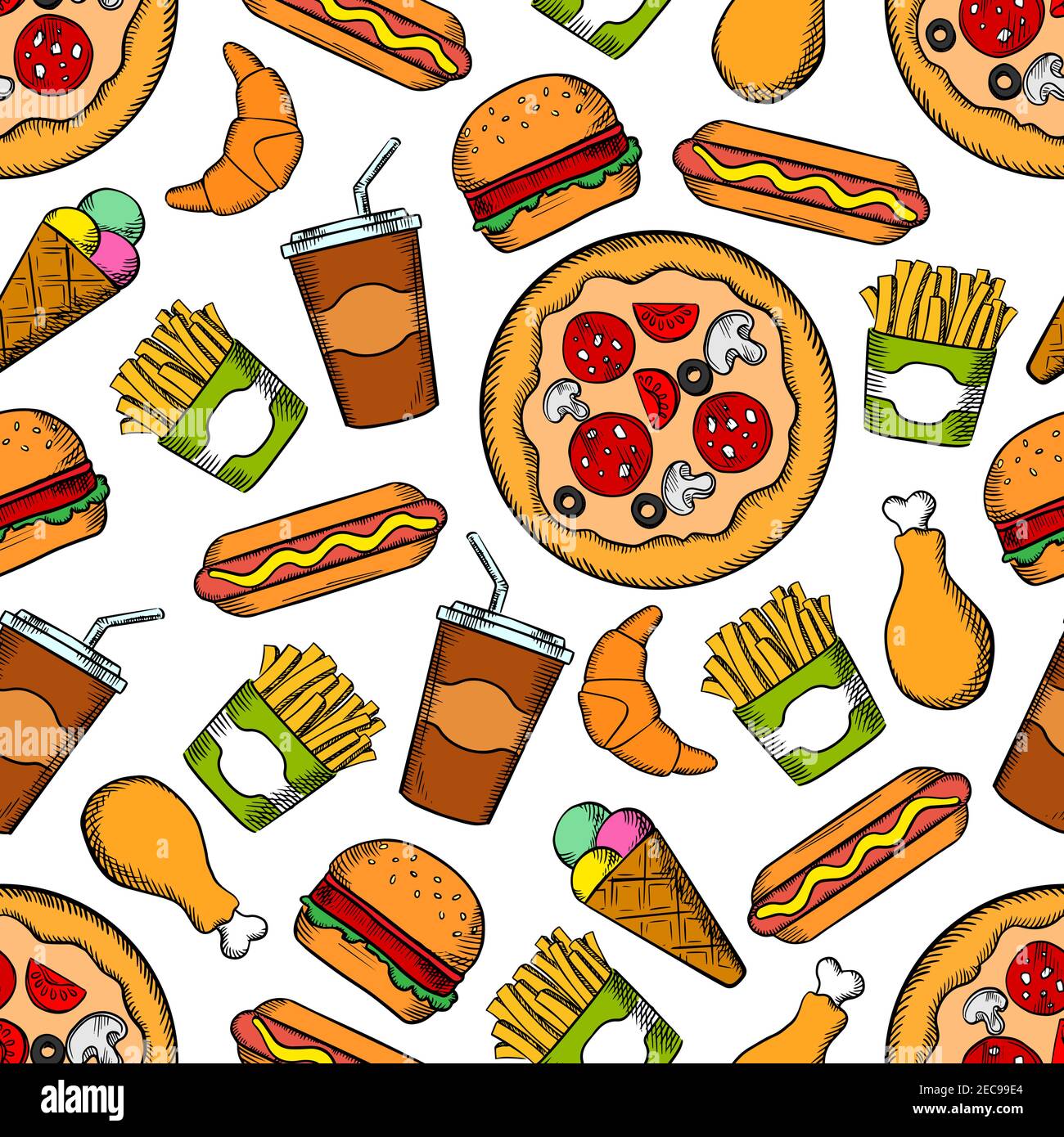 Fast food seamless sketch background. Wallpaper with vector pattern of