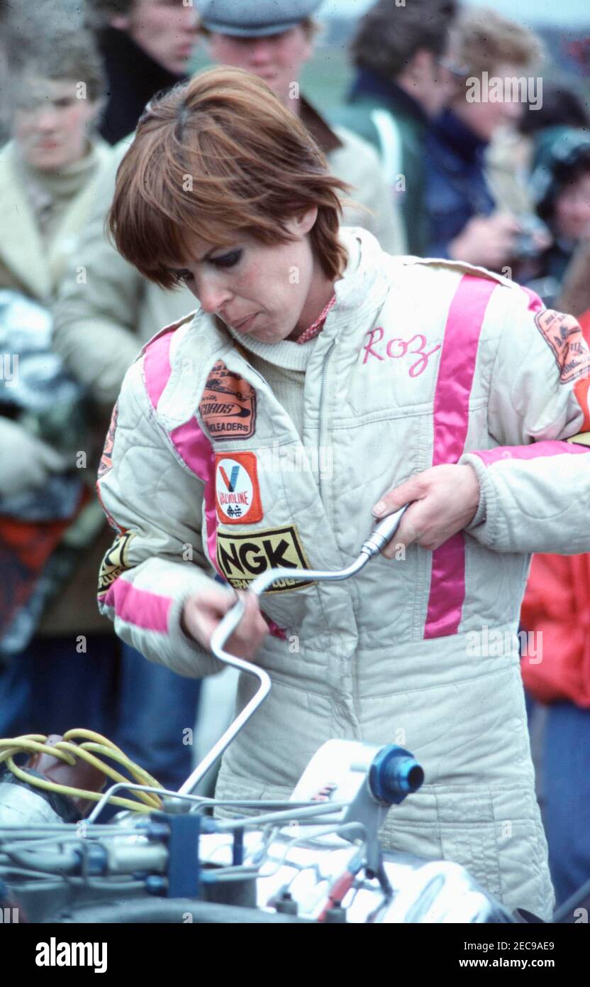 Roz Prior, driver of Maneater rear-engined Top Fuel Dragster, at Drag racing meeting Santa Pod, working on car before race taken in 1979 exact date unknown Stock Photo