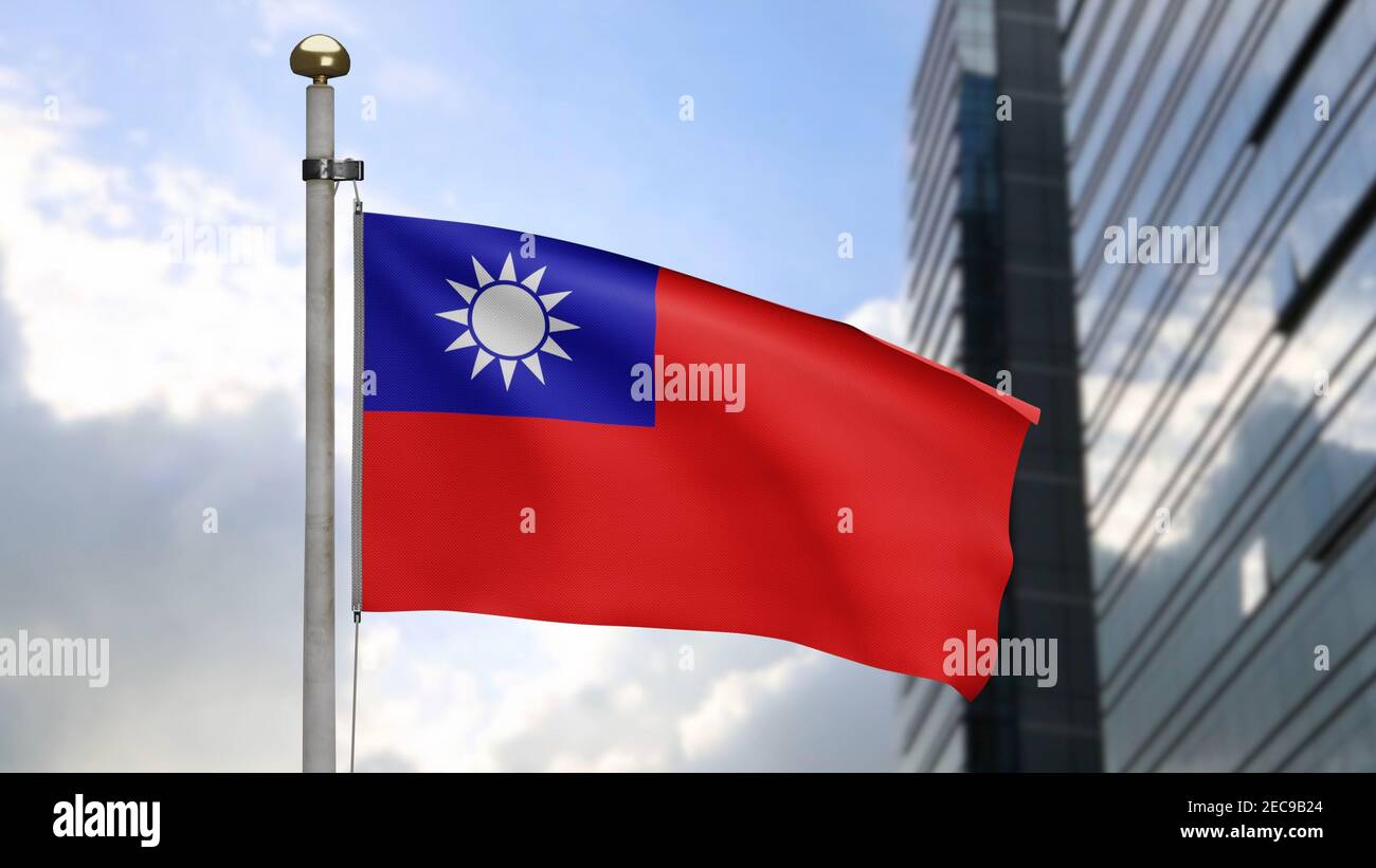 3D illustration Taiwanese flag waving in wind at modern city. Taiwan ...