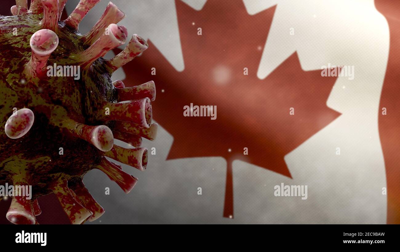 3D illustration Canadian flag waving with Coronavirus outbreak infecting respiratory system as dangerous flu. Influenza Covid 19 virus with national C Stock Photo