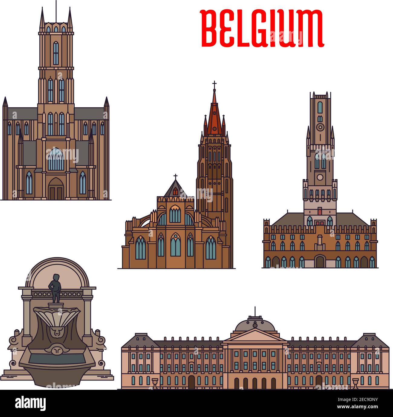 Famous historic buildings and landmarks of Belgium. Detailed icons of Manneken Pis, Royal Palace, Belfry of Bruges, Church of Our Lady, St Bavo Cathed Stock Vector