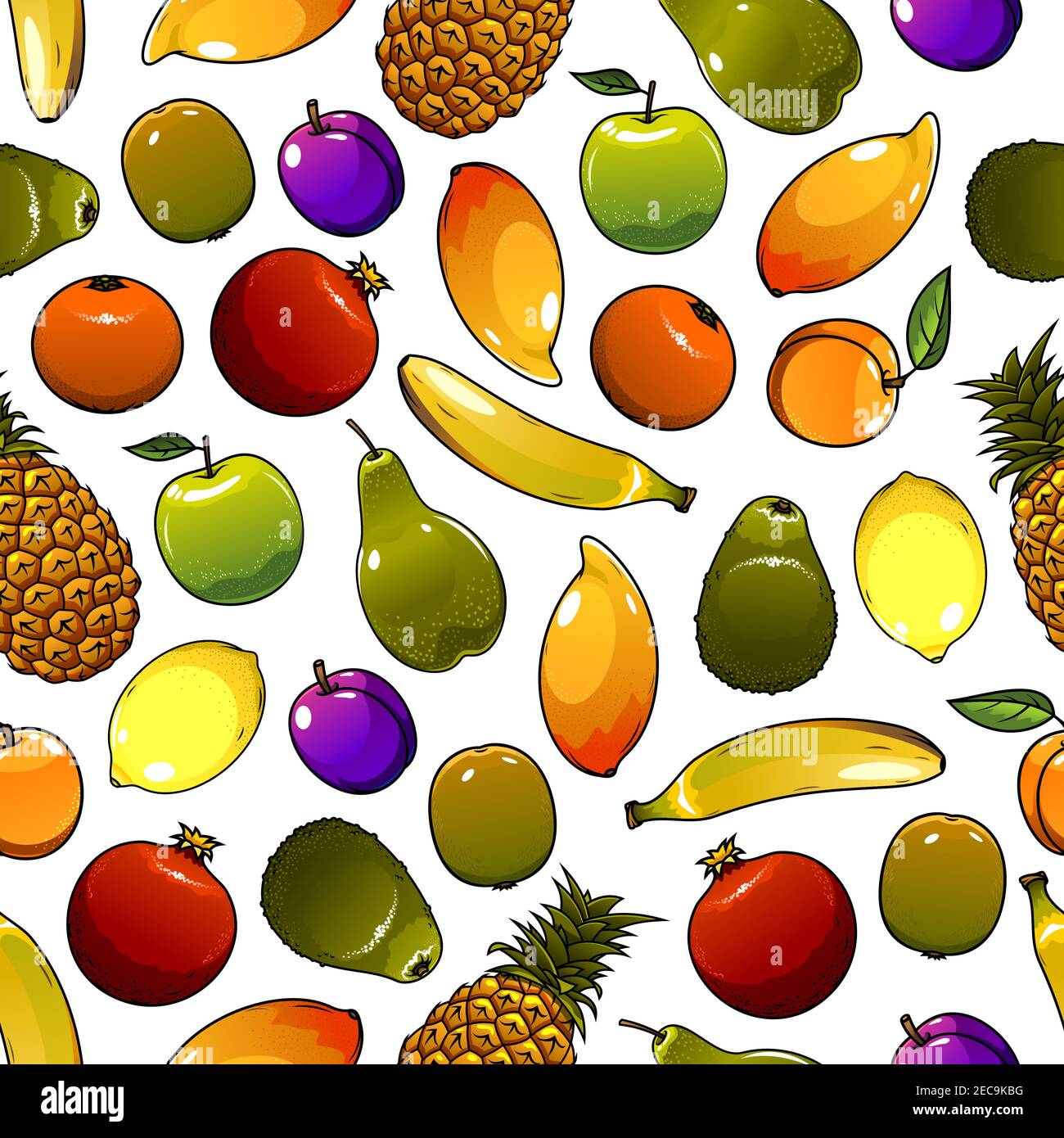 Healthy orange, apple, lemon, banana, plum, mango, pineapple, peach