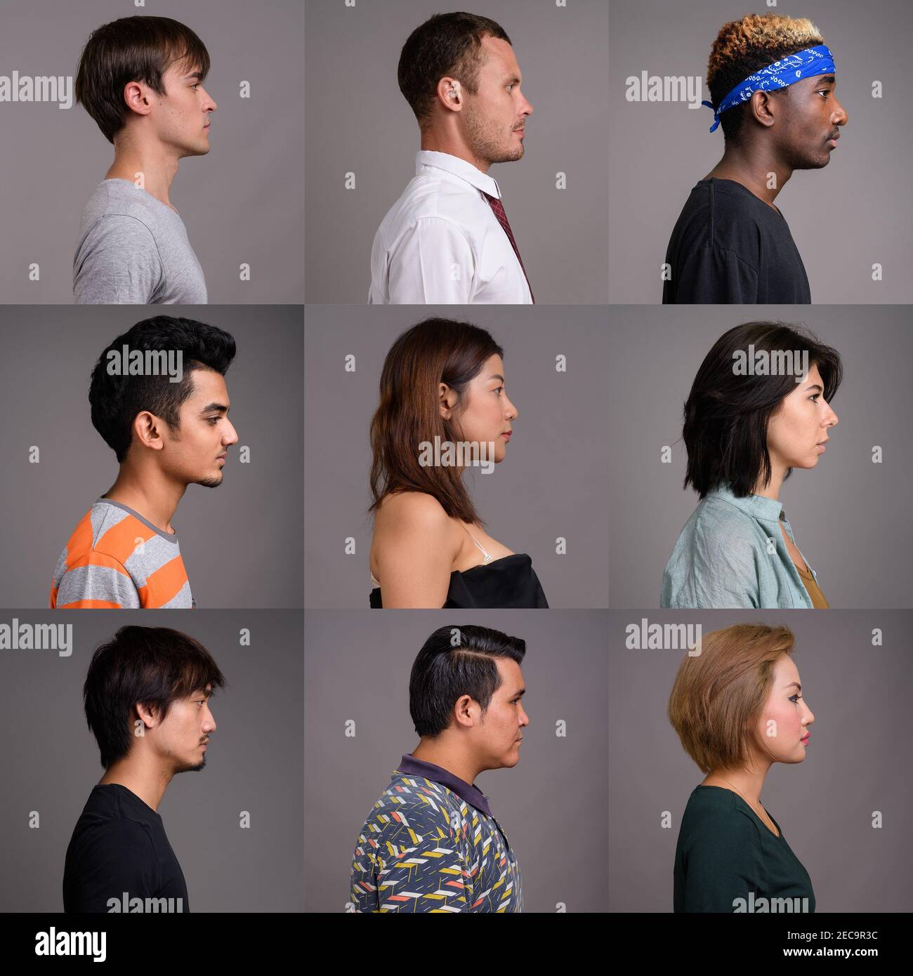 Profile view collage of people faces against studio background Stock Photo
