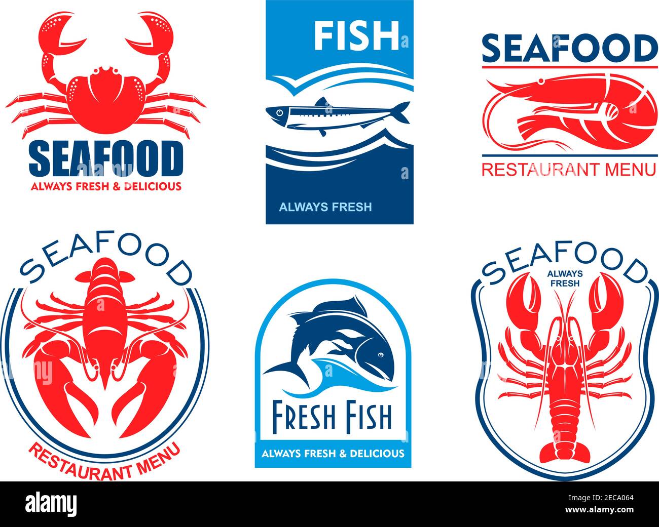 Seafood products icons. Vector emblems set for product sticker, company label, restaurant menu. Graphic symbols of crab, herring, shrimp, lobster, tun Stock Vector