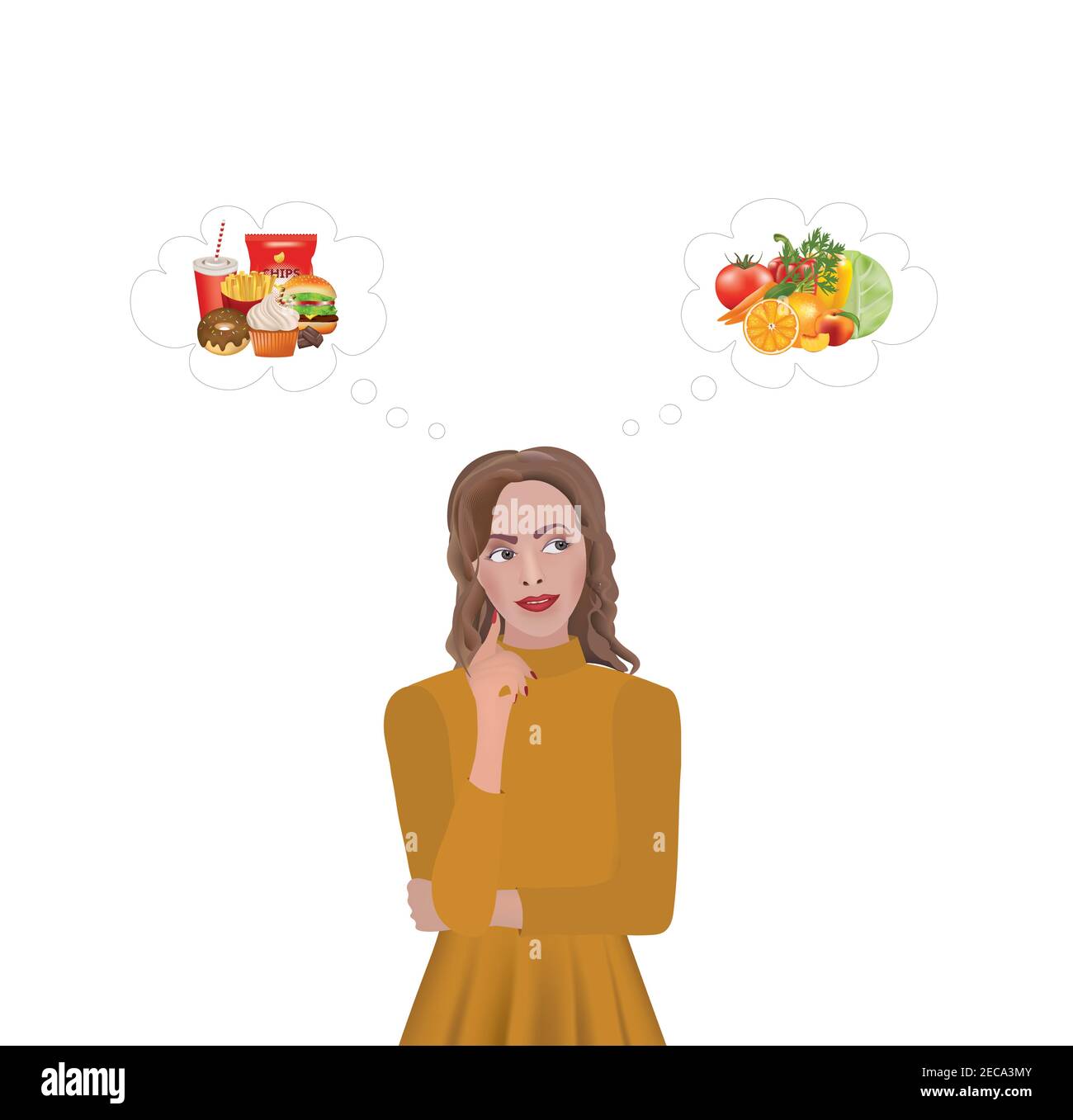 woman thinking about food choice, healthy vs unhealthy food, vector Stock Vector