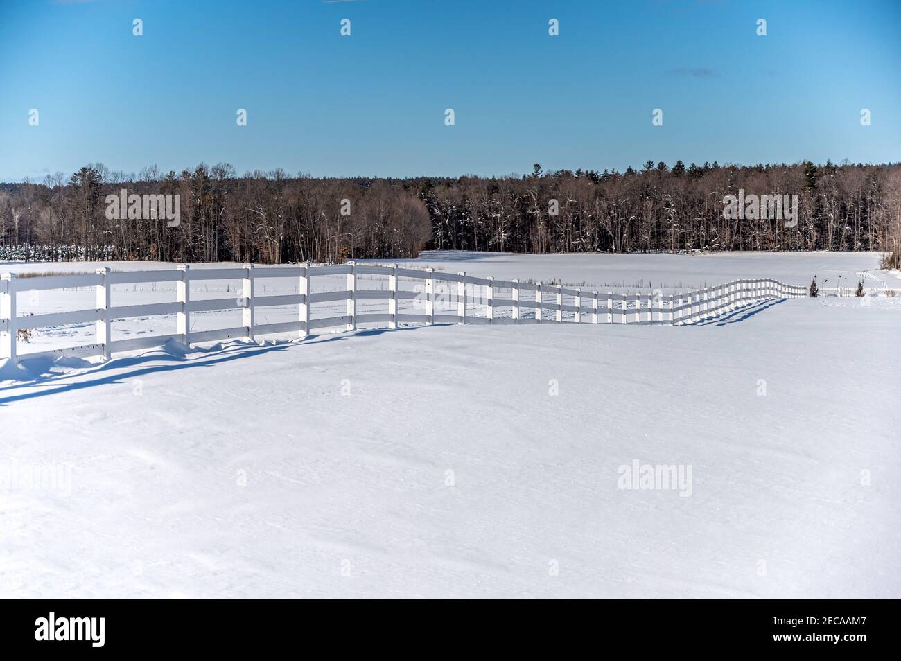 White fence divides snow covered farmland Stock Photo