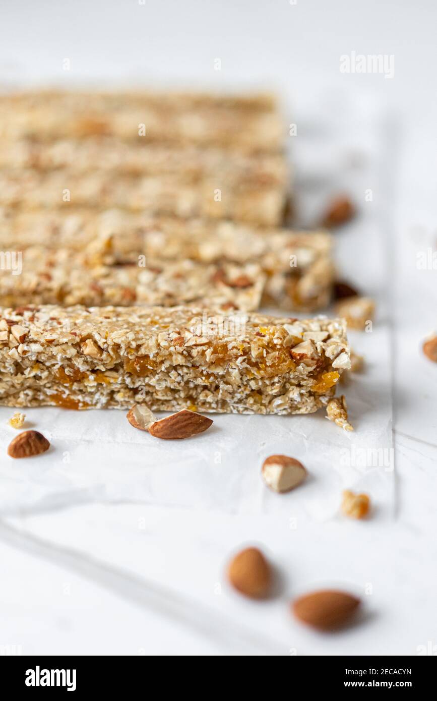 Vegan Energy Oat Bars With Apricot and Almonds, Flat Lay Stock Photo