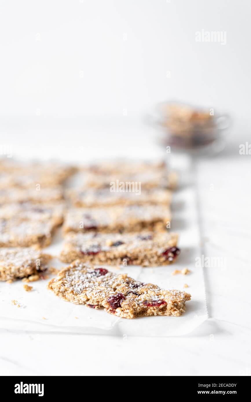Vegan Energy Oat Bars With Coconut, Rice Puffs and Dried Cranberries Fruits, Flat Lay Stock