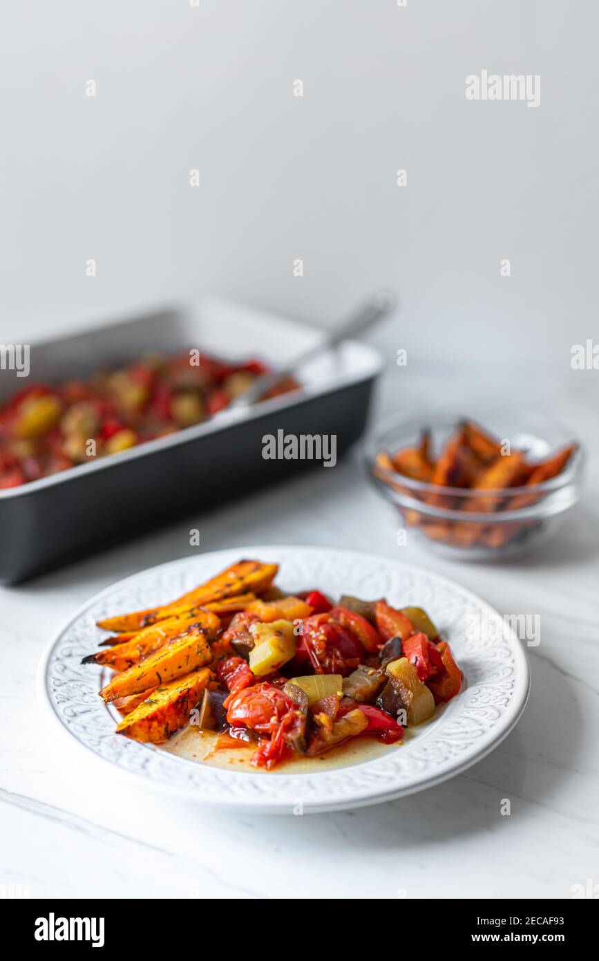 Vegetable Casserole With Chopped Tomatoes, Red Peppers, Zucchini, Eggplant served with Baked