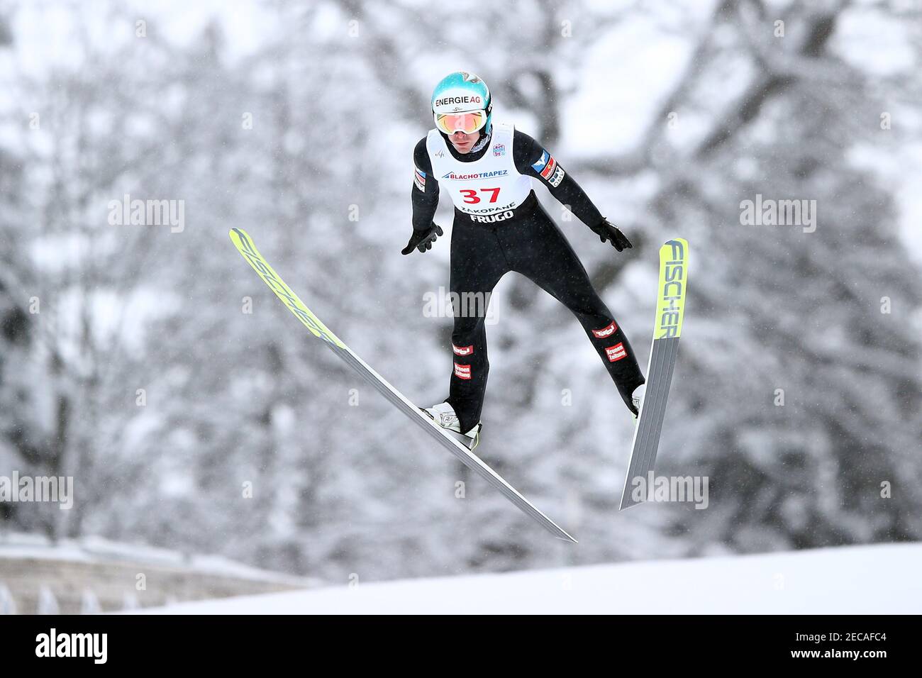 Zakopane, Poland. 13th Feb, 2021. Michael Hayboeck ski jumping on The Great Krokiew Ski Jumping facility during the Ski Jumping World Cup competition in Zakopane. Credit: SOPA Images Limited/Alamy Live News Stock Photo