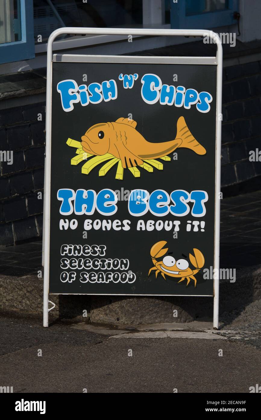 Fish and Chip shop sign at St Ives, Cornwall, UK Stock Photo