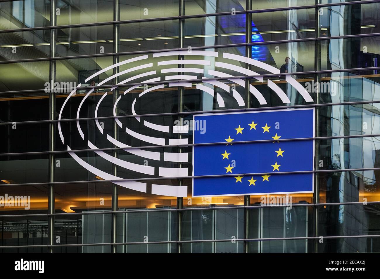 European Parliament logo on the Paul-Henri Spaak building in Brussels, Belgium Stock Photo