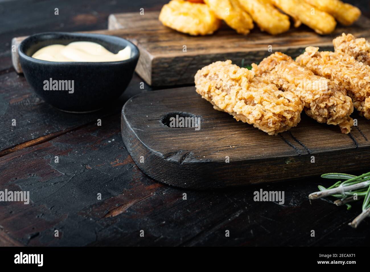 Fried Chicken Wings Parts On Old Dark Wooden Table Stock Photo - Alamy