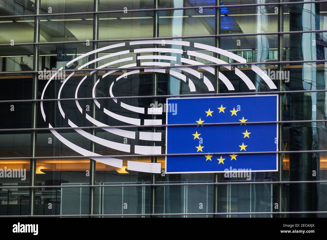 European Parliament logo on the Paul-Henri Spaak building in Brussels, Belgium Stock Photo