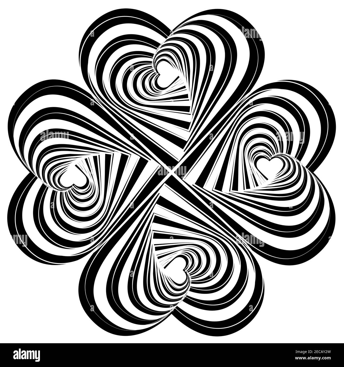 Striped hearts complicated swirl rotation illusion background. Abstract striped distortion twisted backdrop. Vector-art layered illustration. Stock Vector