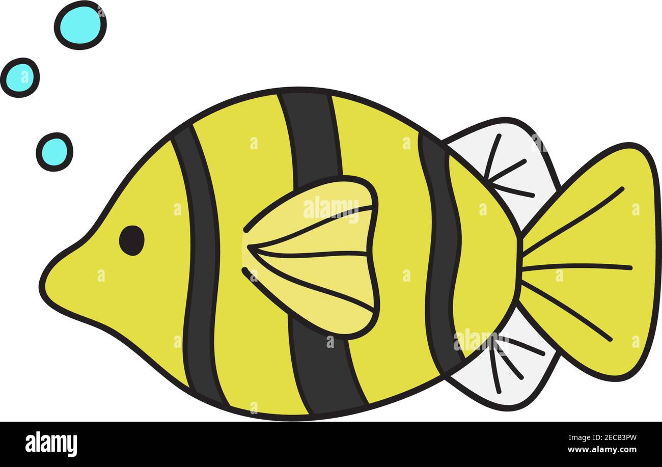 Fish cute vector illustration. Hand drawn outlined ocean, marine, sea