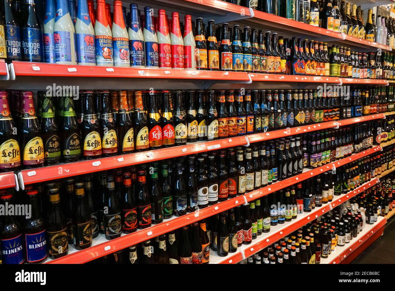 Belgian beer selection in a shop, Belgian beers, Bruges, Belgium Stock Photo