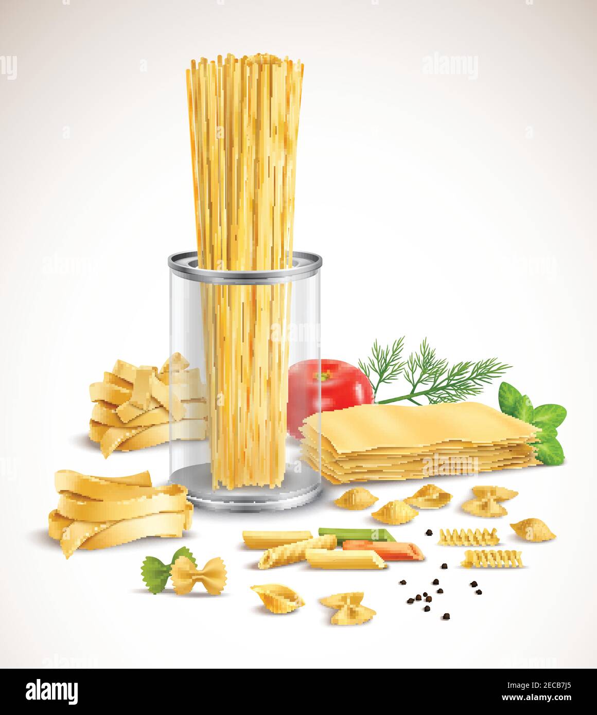 Dry pasta assortment With basil leaves tomato dill and black pepper
