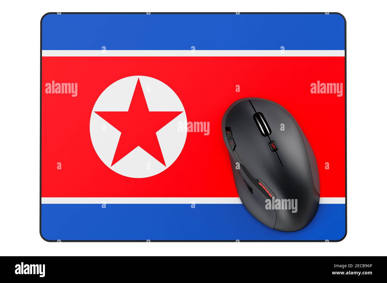 Computer mouse and mouse pad with North Korean flag, 3D rendering