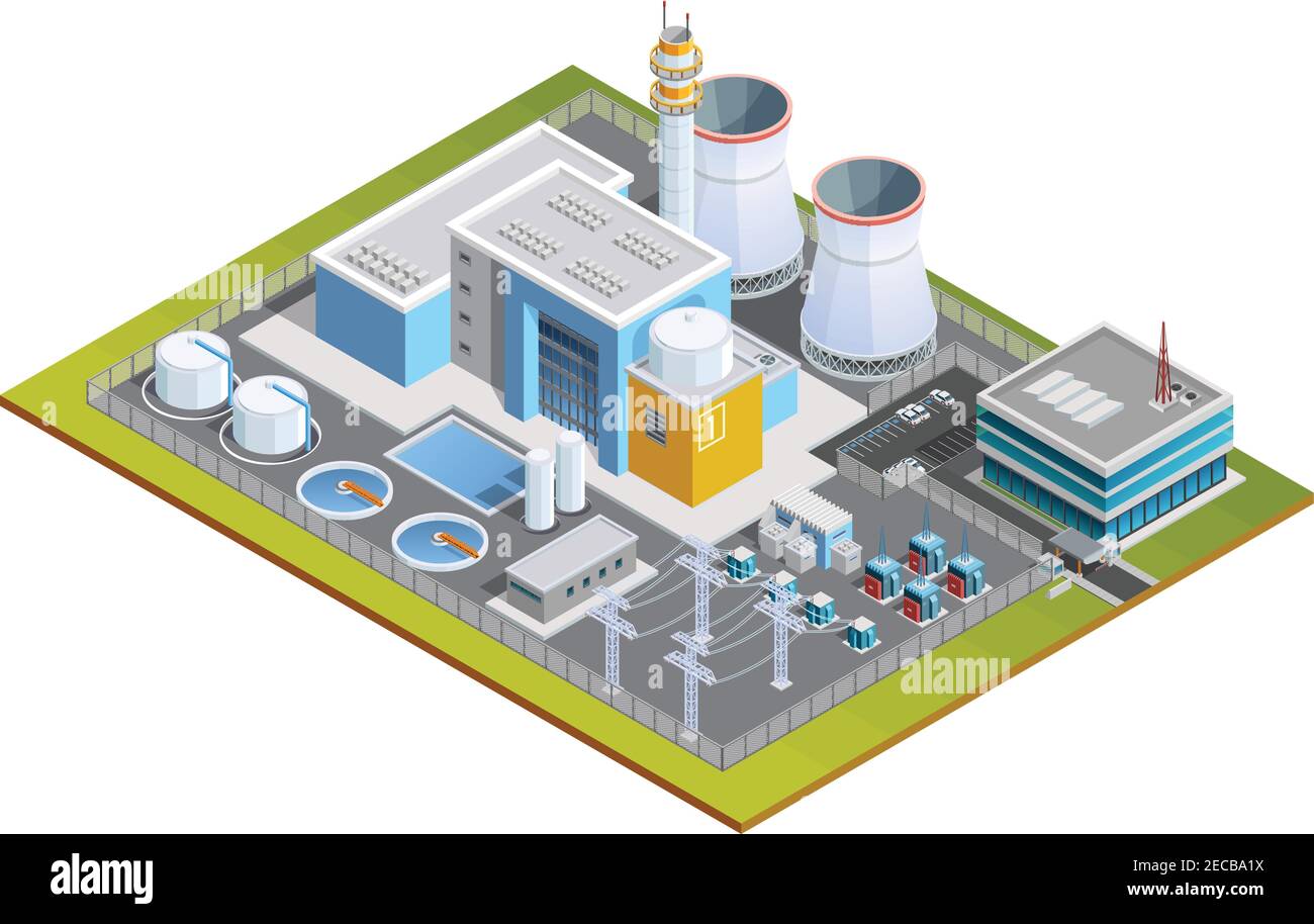 Isometric image of one block nuclear station with production centre conversion block  transformers pipes and office vector illustration Stock Vector