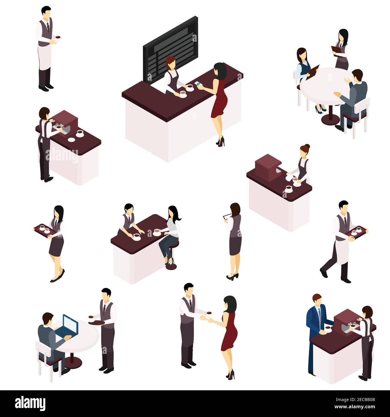 Barista people serving coffee in a cafe isometric set isolated vector