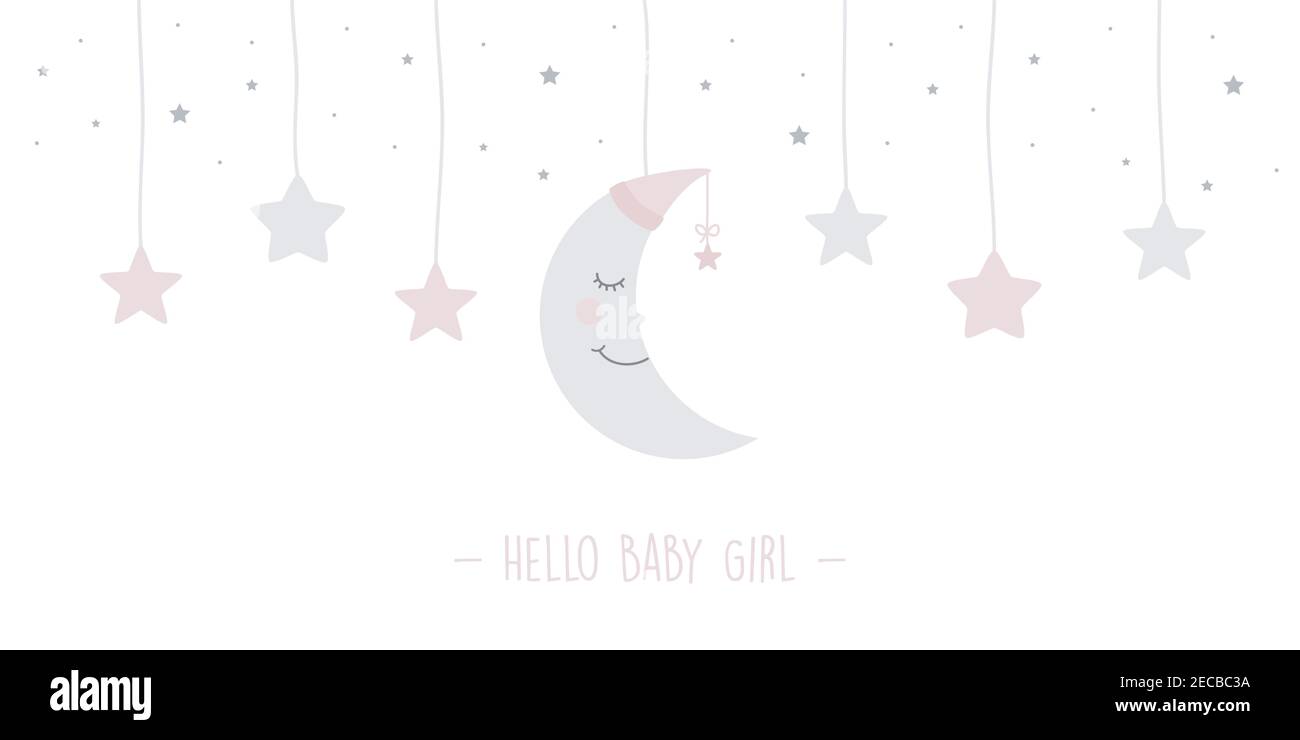 baby girl greeting card with hanging sleeping moon and stars vector illustration EPS10 Stock Vector