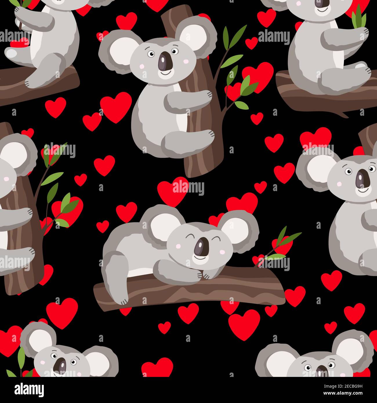 Seamless pattern with cute koala baby and hearts on dark background ...