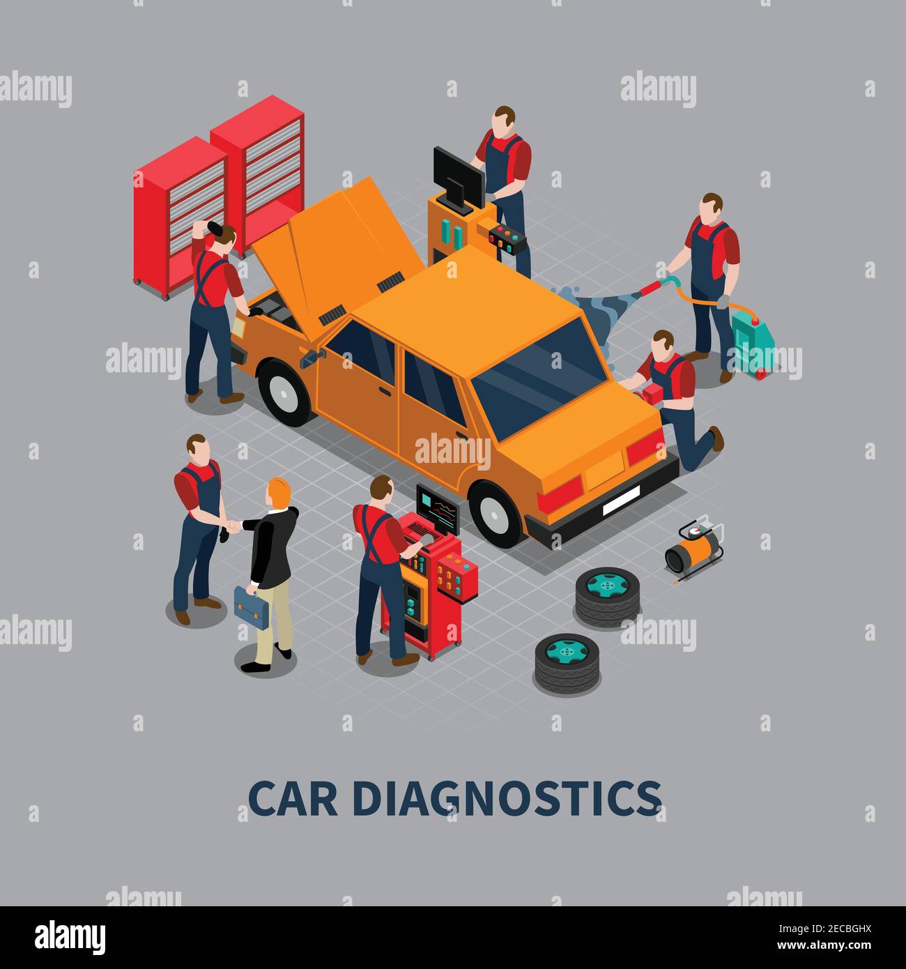 Auto service car diagnostics and repair center mechanics testing