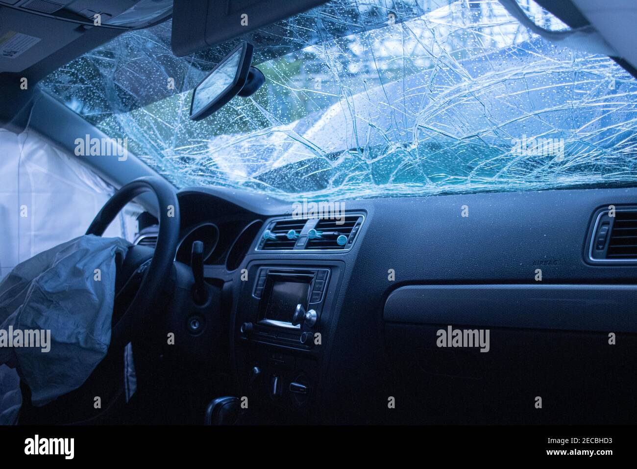 Accident safety airbags deployed during the car accident Stock Photo