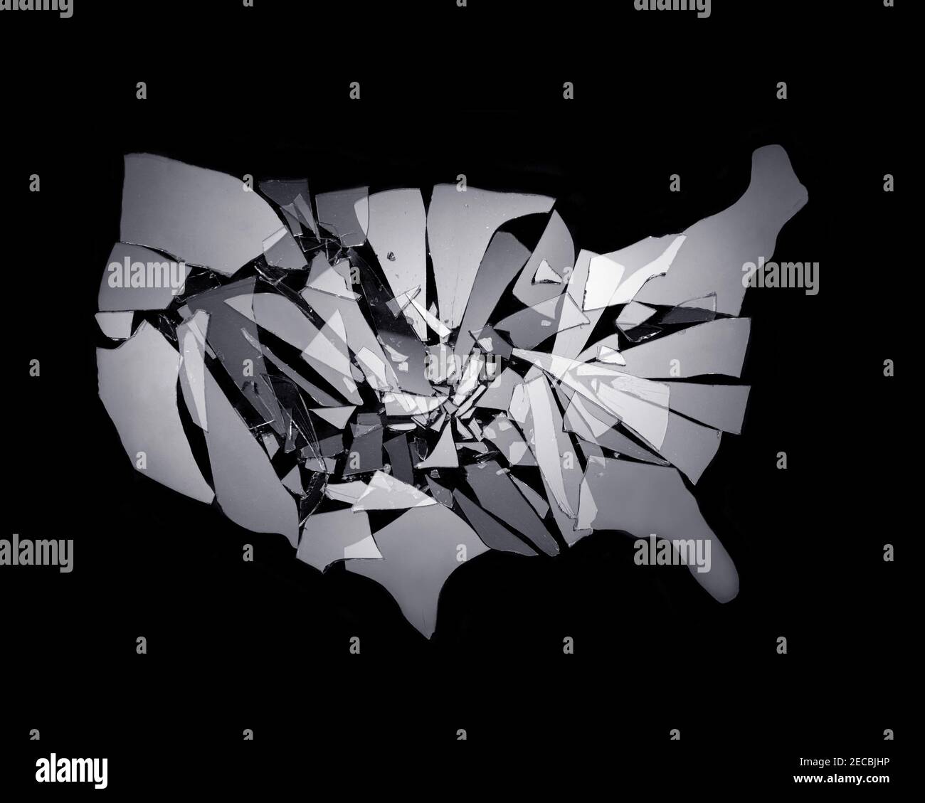 Broken glass in the shape of the united states on a black background Stock Photo
