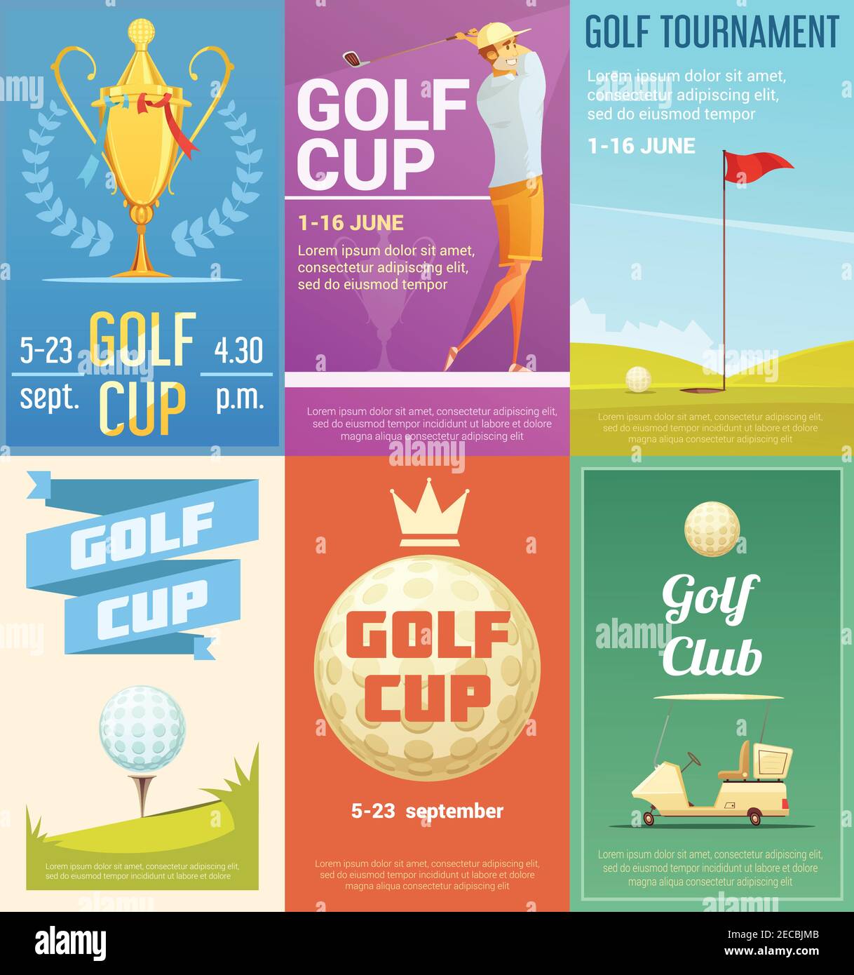 Golf club advertisement retro style posters collection with gold cup tournament winner trophy cartoon isolated vector illustration Stock Vector