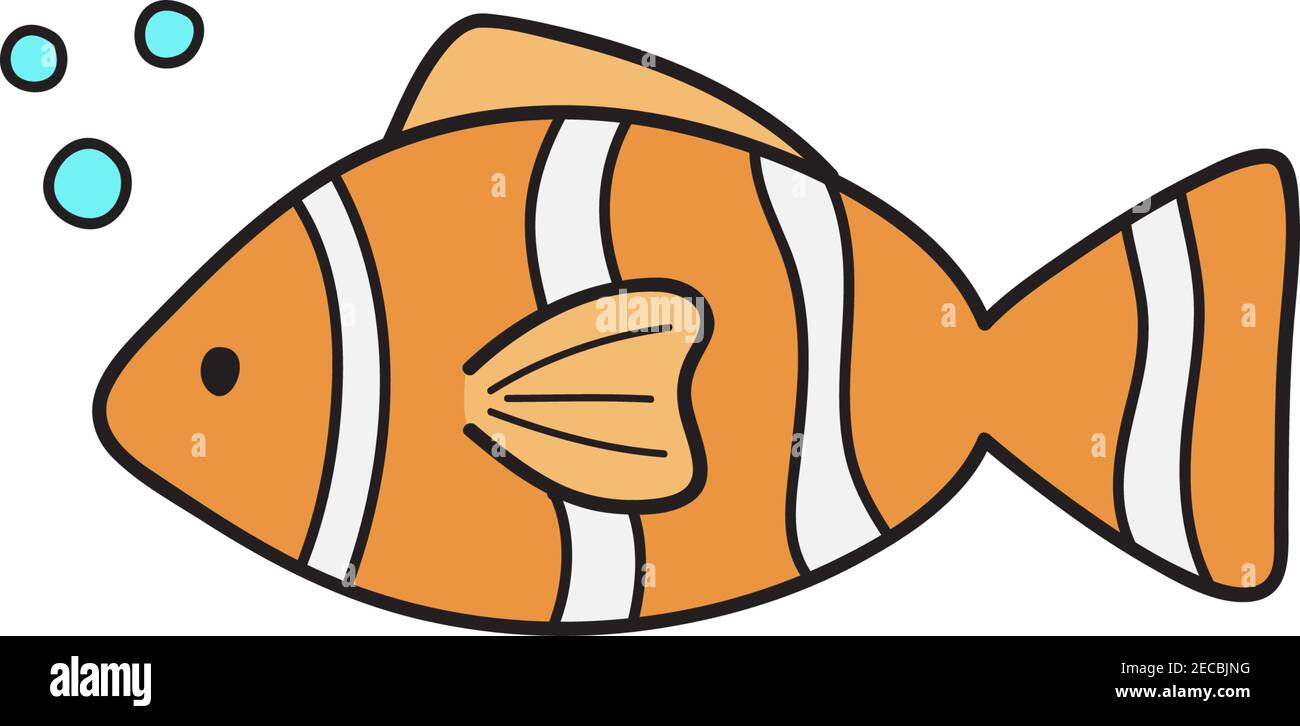 Clownfish cute vector illustration. Hand drawn outlined ocean, marine, sea orange, white and black striped fish animal. Isolated. Stock Vector