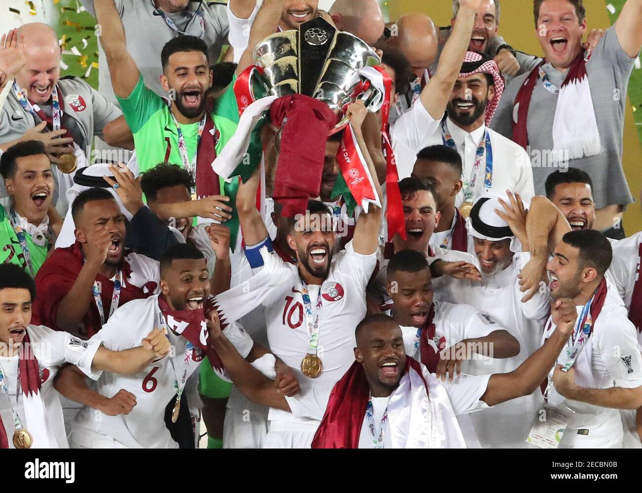 Soccer Football - AFC Asian Cup - Final - Japan v Qatar - Zayed Sports City  Stadium, Abu Dhabi, United Arab Emirates - February 1, 2019 Qatar's Hasan  Al Haydos lifts the