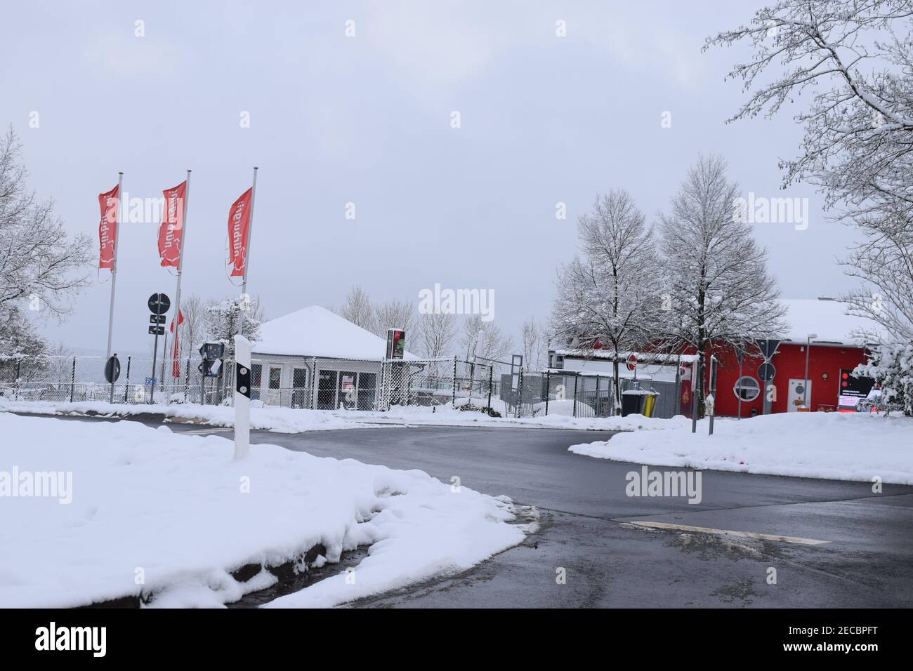 Nürburgring im Schnee, main road buildings Stock Photo