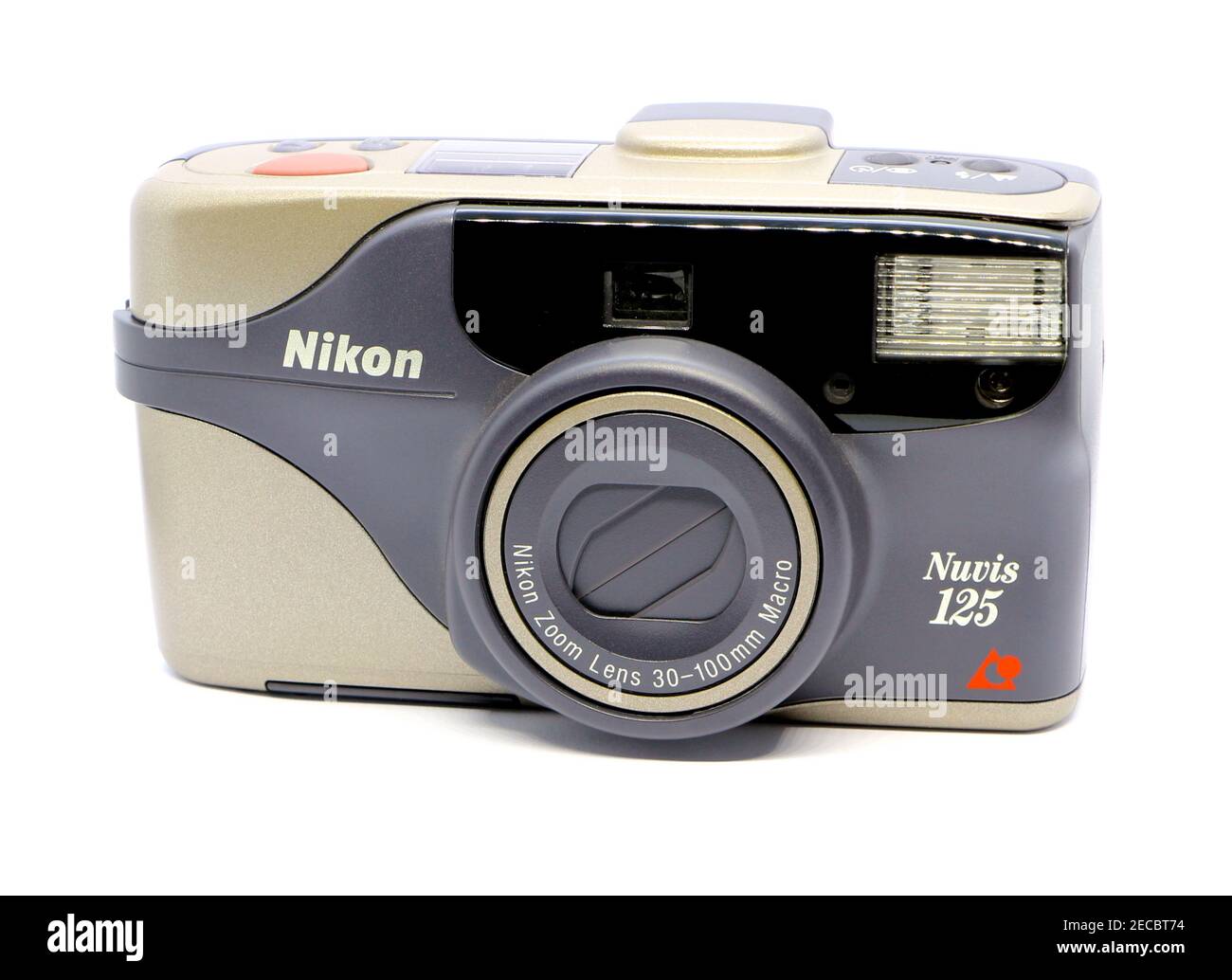 Photo of an Old used 35mm Nikon Nuvis 125 film camera grey and silver with  built in flash with a 30-100 mm zoom lens and macro Stock Photo - Alamy