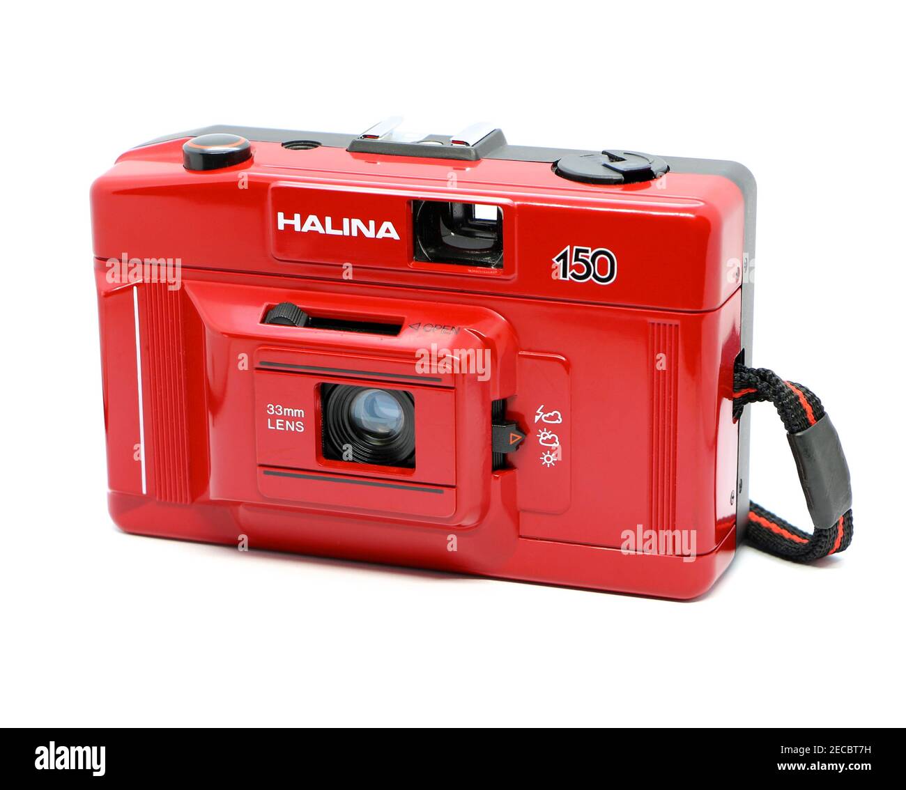 Old used 35mm Halina 150 film camera red and black with with a hot shoe