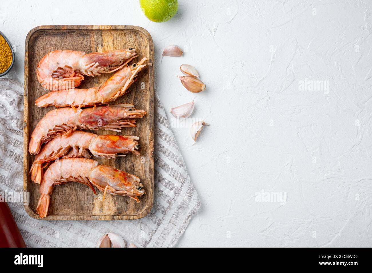 Mango chutney Large raw shell on raw king prawns ingredients set, on