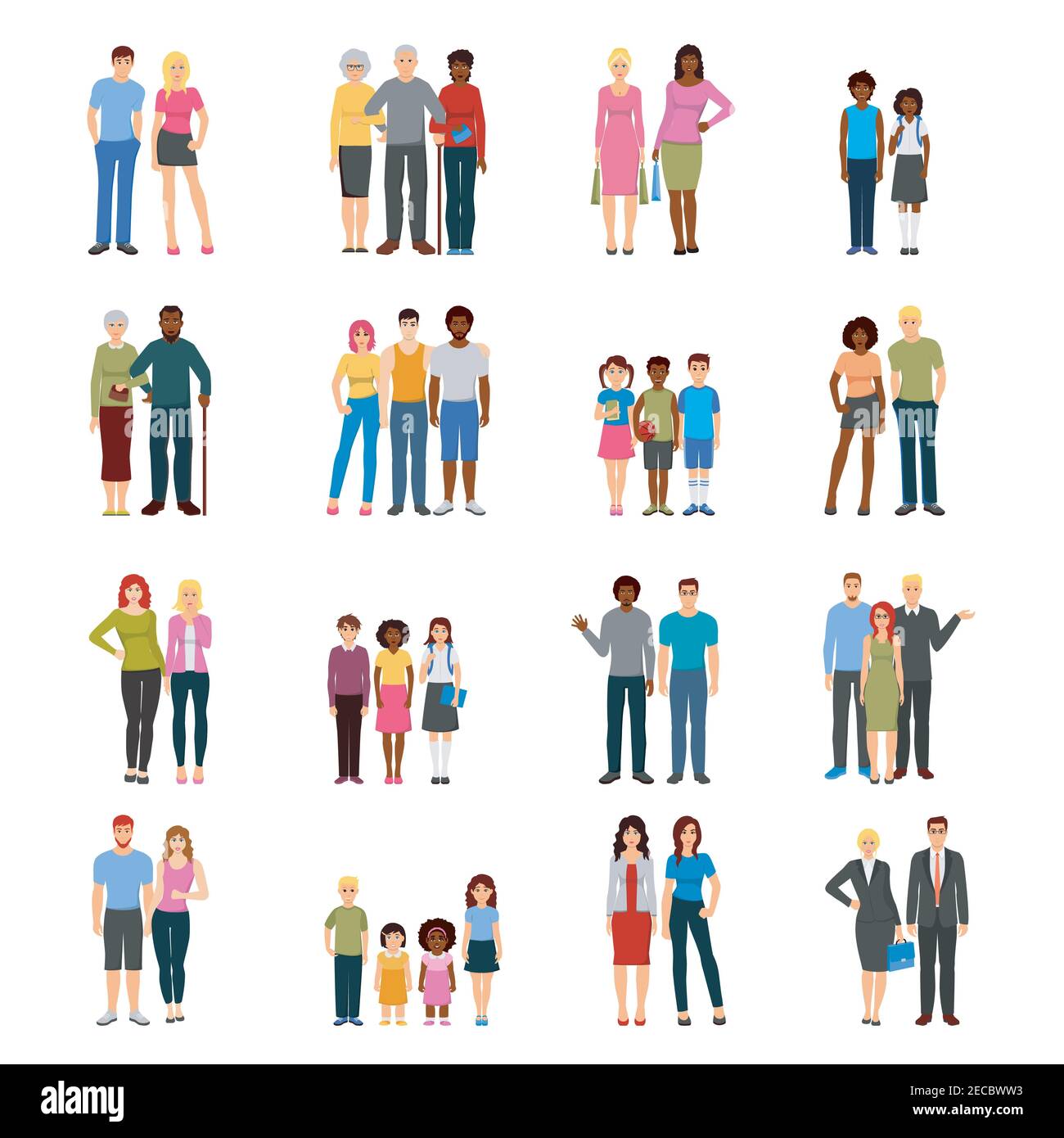Buddies and friends together flat icons collection with adults ...