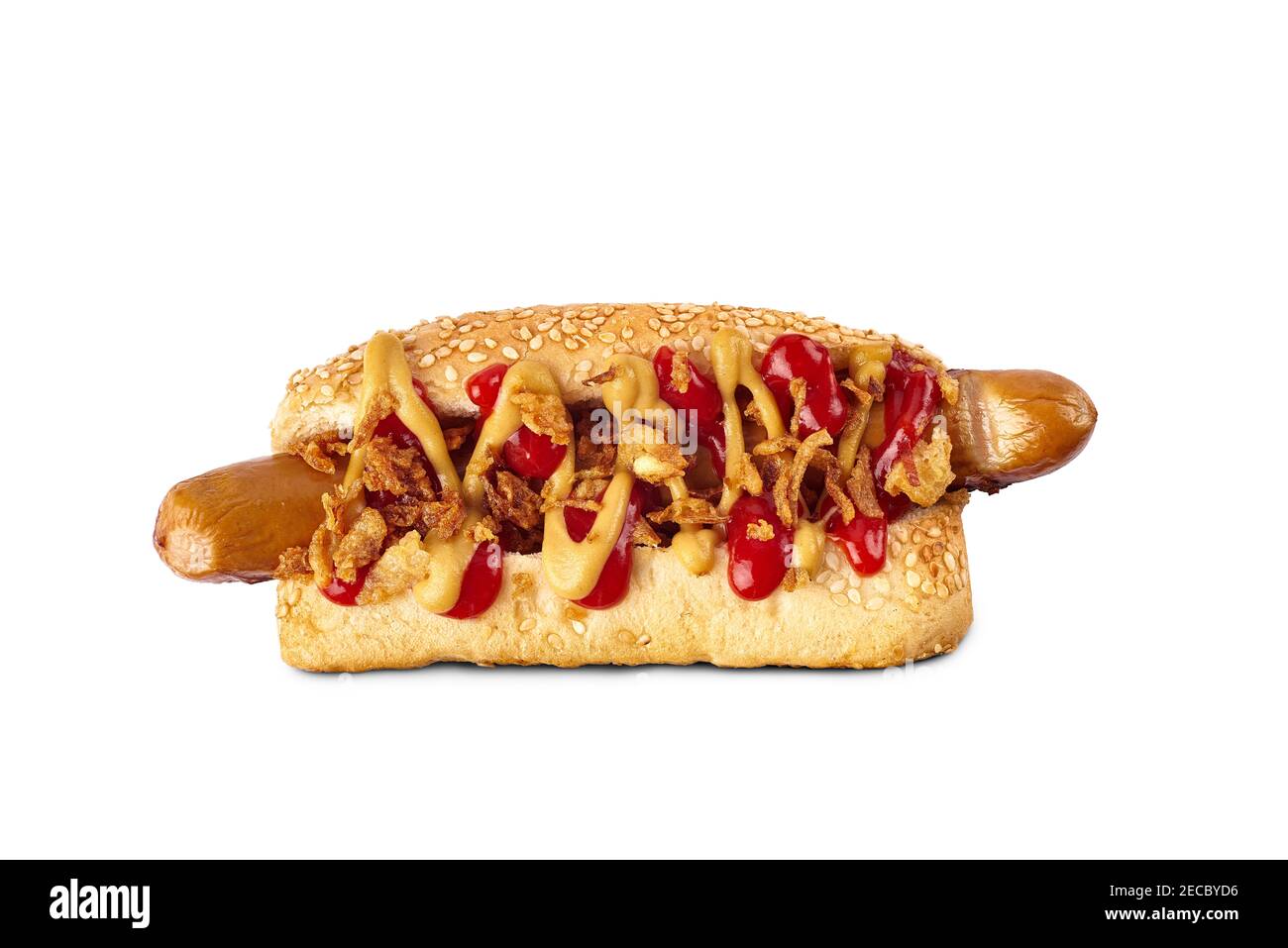 Hot dog with huge sausage and crispy fried onion on white Stock Photo