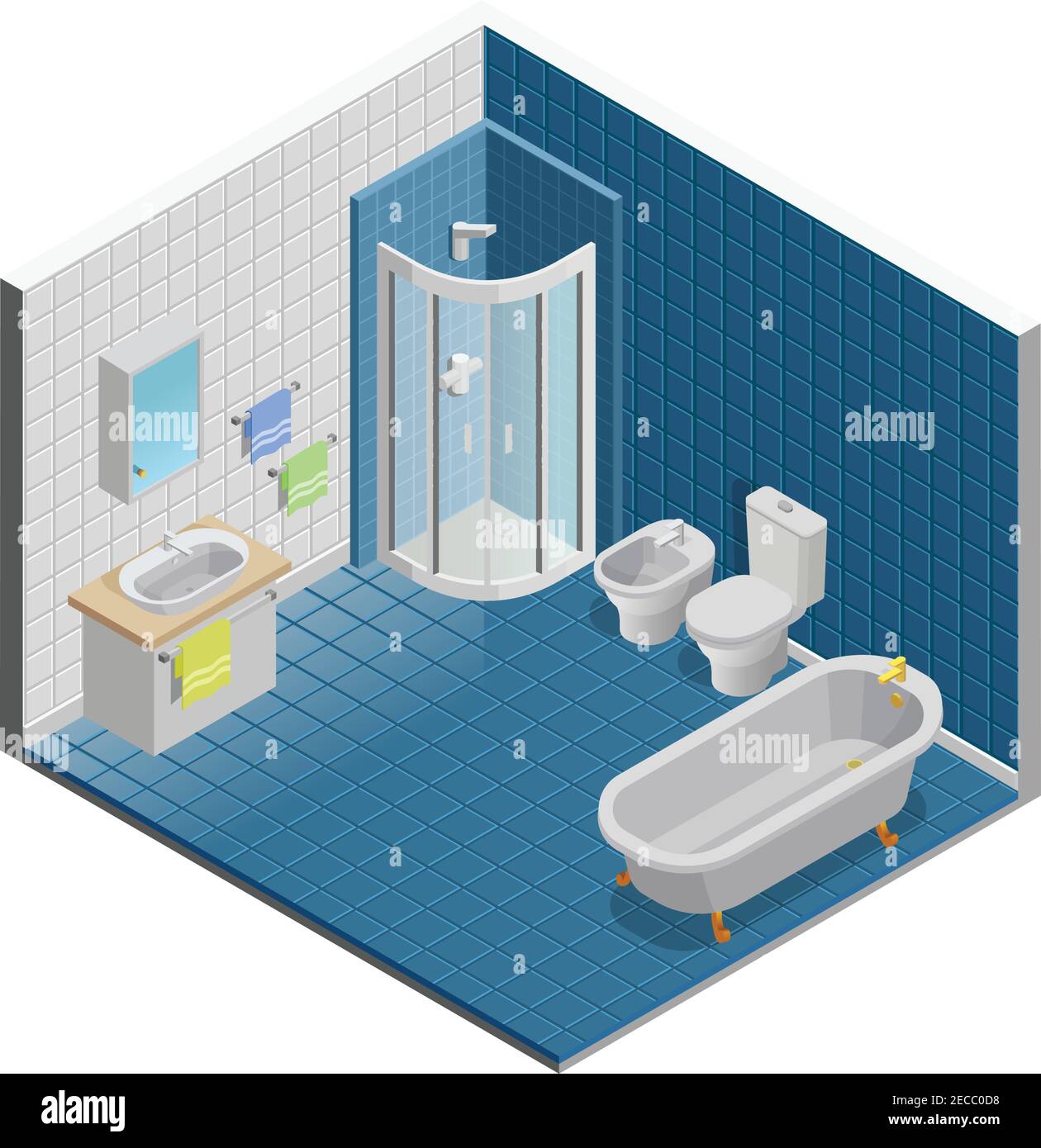 Bathroom interior isometric design with shower mirror and towels vector illustration Stock Vector