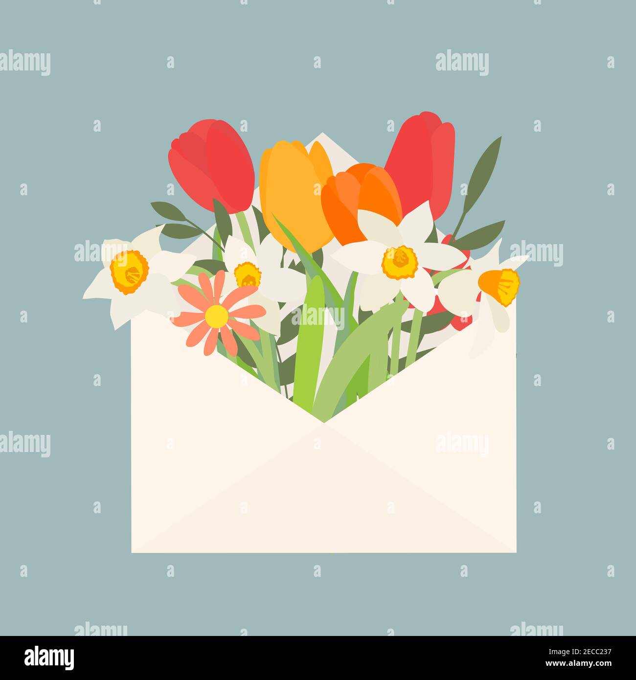 Bouquet of spring flowers tulips and daffodils in envelope. Vector ...