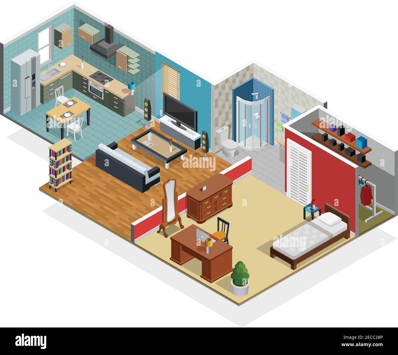 House interior isometric concept with bedroom bathroom and wardrobe ...