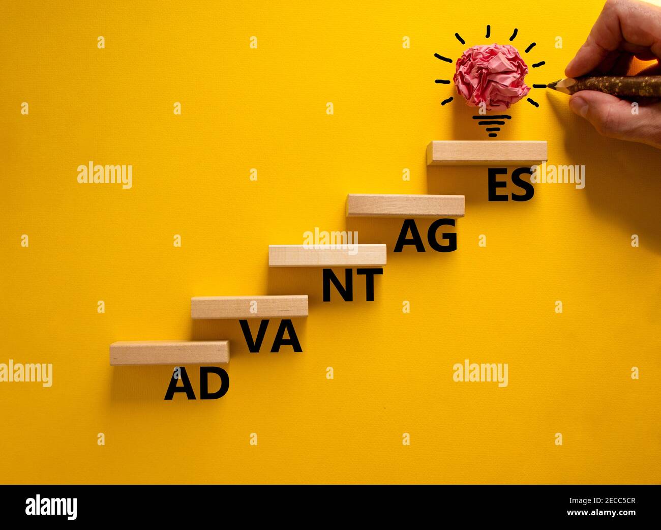 Business and advantages symbol. Wood blocks stacking as step stair, yellow background, copy space. Businessman hand. Word 'advantages'. Conceptual ima Stock Photo