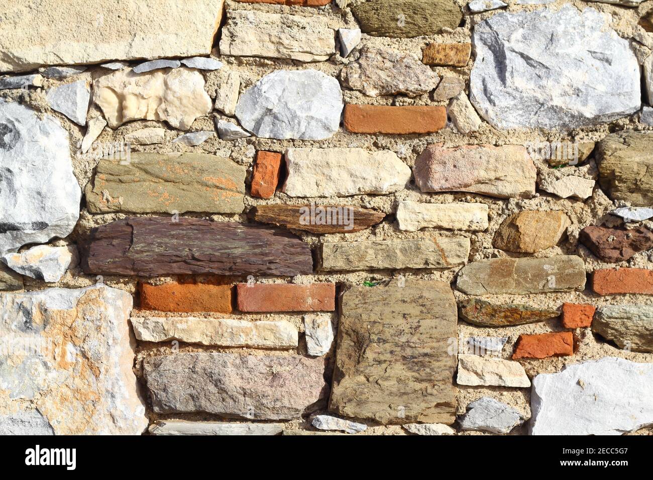 old stone masonry wall texture background, banner with irregular pattern Stock Photo
