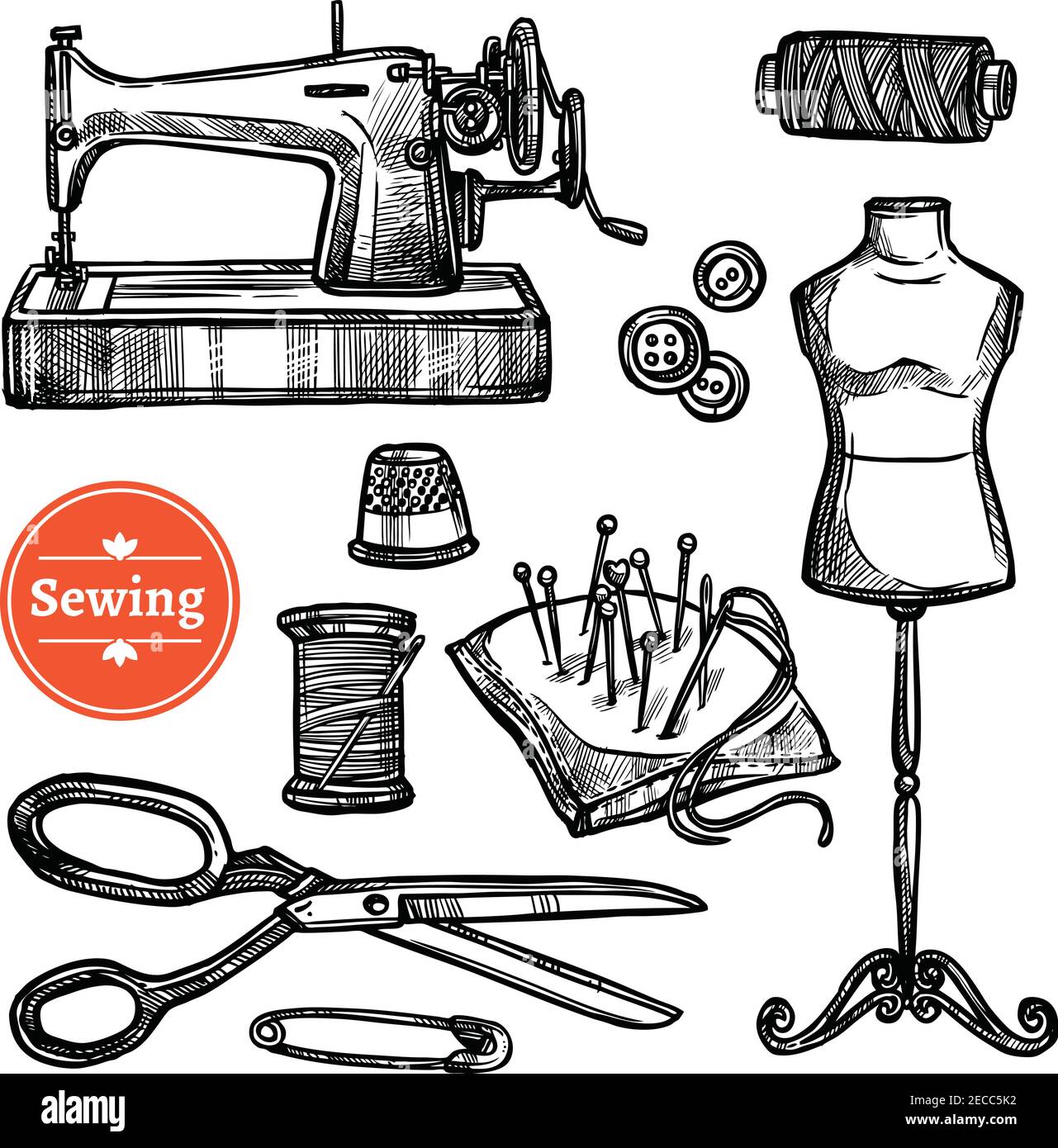 Sticker Vintage Sewing Kit Label Design - hand drawn illustration 